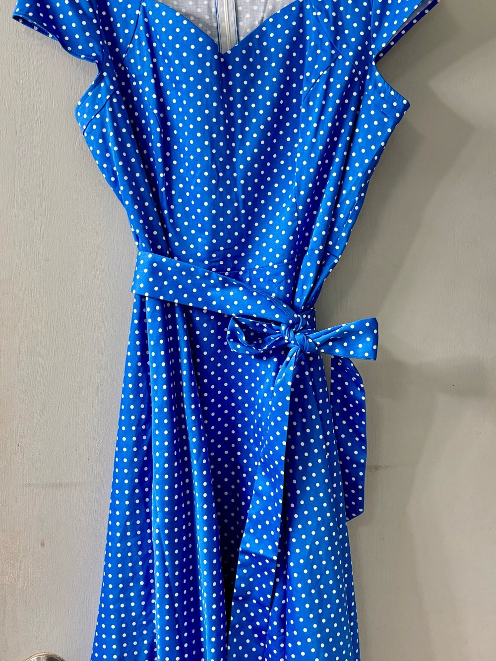 Polka Dot Midi Swing Dress in Blue with Bow - Picture 3 of 7